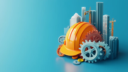Building Future Dreams: An illustrative composition of construction, representing growth and development. This striking image showcases a hardhat surrounded by gears and construction cranes.