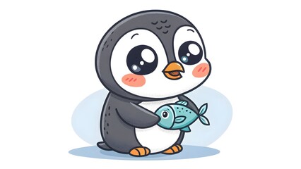 Obraz premium Baby penguin holding a tiny fish chibi style with