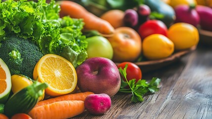 Close-up of vibrant fresh vegetables and fruits on wooden table, symbolizing healthy blood pressure foods, emphasizing natural nutrition and wellness.
