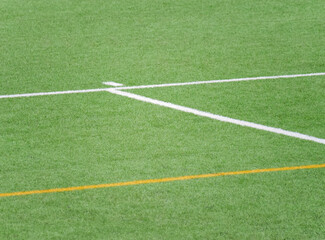 Obraz premium Green turf with white lines marking a sports field and a yellow line