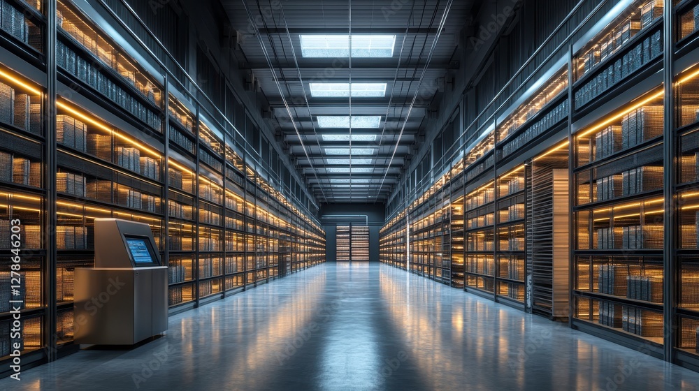 Poster a futuristic library with illuminated shelves filled with books and a modern reading station in the 