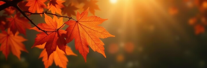 Fototapeta premium Orange colored maple leaves on a branch against a natural background, foliage, autumn foliage, leaf