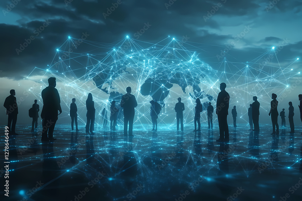 Poster global network: silhouette figures gather before a digital representation of the world, linked by a 