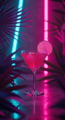 Serving Pink Cocktail in Martini Glass with Neon Lights and Tropical Plants