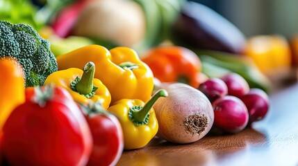 Close-up of vibrant fresh vegetables and fruits on wooden table, symbolizing healthy blood pressure foods, emphasizing natural nutrition and wellness.
