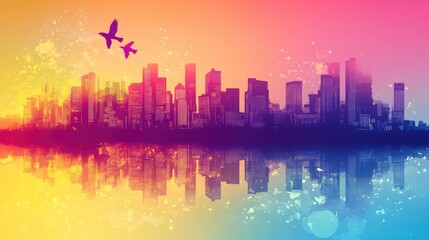 A futuristic business district skyline with skyscrapers at sunset, urban corporate travel concept with open copy space.