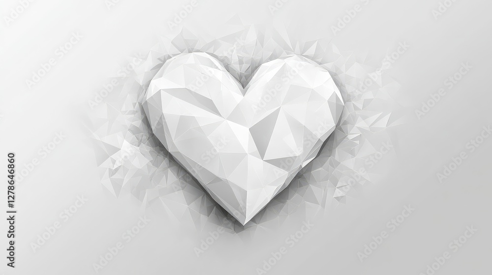 Poster a geometric heart design made of triangles and squares on a smooth gray background, creating a moder