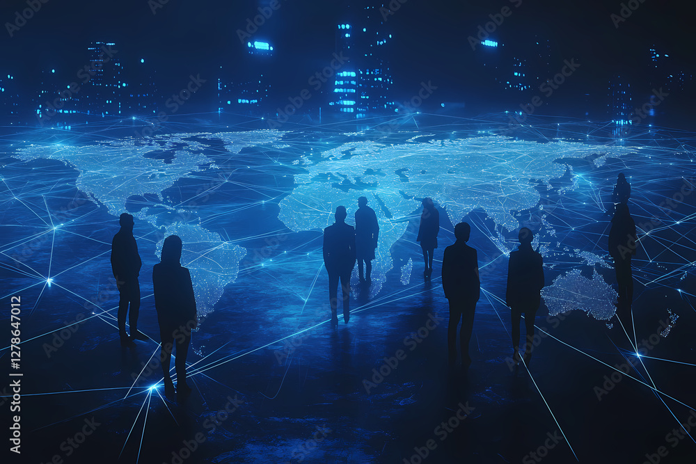 Poster digital world leaders: silhouetted figures stand amidst a network of interconnected lines and a proj