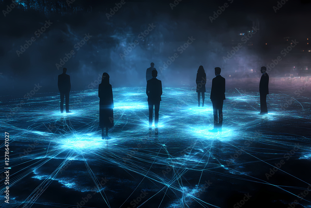 Poster connected world: an enigmatic composition, silhouetted figures stand amidst a luminous network of in