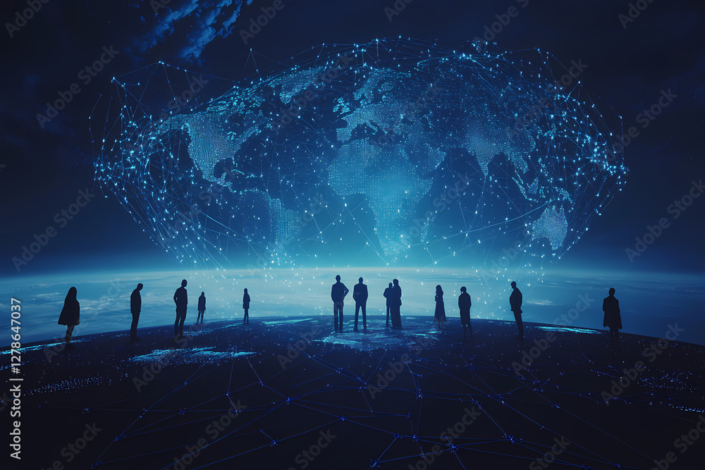 Poster global connectivity: silhouetted figures stand in awe as a luminous network representing the globe's