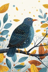 A colorful illustration of a bird perched on a branch surrounded by autumn leaves.