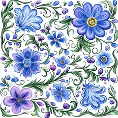 Obraz premium Vibrant Blue and Purple Floral Pattern Hand-Painted Digital Art.