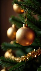 Orbs of gold color attached to the festive tree, christmas tree decorations, metallic ball, luxurious decor