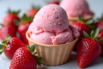 Strawberry ice cream in a cup with fresh strawberries around and toppings on top of the ice cream