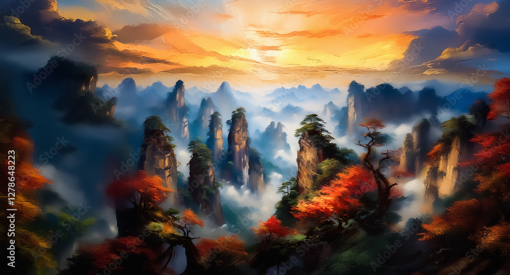 Poster a vibrant sunset illuminates a misty mountain range with towering peaks and colorful autumn foliage 
