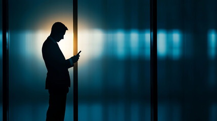 business professional suit using smartphone, silhouetted against blue background. scene conveys sense of modernity and focus