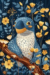 A whimsical illustration of a blue bird with a cheerful expression among flowers.