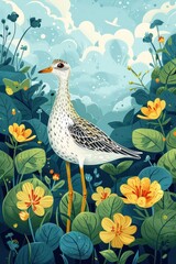 A colorful illustration of a bird standing among vibrant flowers and lush greenery.