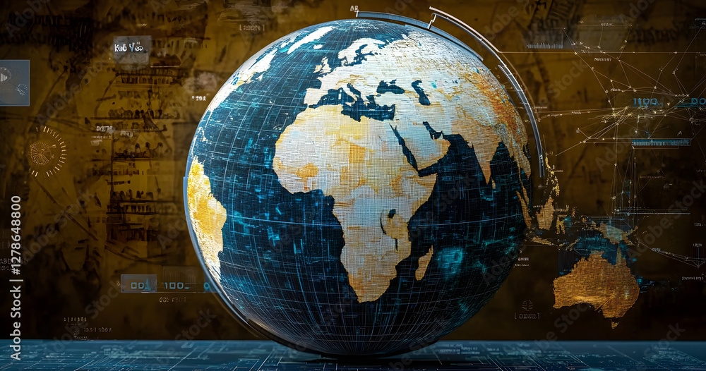 Poster image of data processing and world map over globe