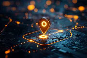glowing location pin on digital circuit board, symbolizing navigation and technology