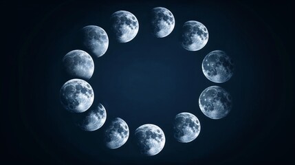 Moon phases cycle on dark blue background for astronomy blogs, educational materials, science presentations, and lunar calendars. Lunar Cycle Illustration for Websites, Blogs, Educational Materials