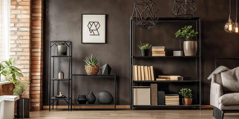 Spacious industrial loft with deep brown accent wall, rustic wood flooring, and black metal bookshelf with art books and decor. Glass pendant light adds soft illumination.