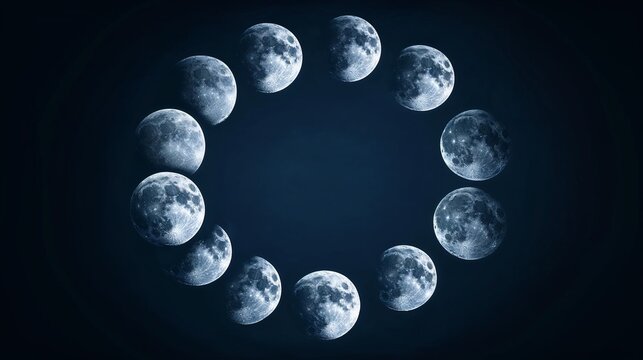 Moon phases cycle on dark blue background for astronomy blogs, educational materials, science presentations, and lunar calendars. Lunar Cycle Illustration for Websites, Blogs, Educational Materials