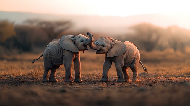 happy and wild elephant babies playing together in wide savannah