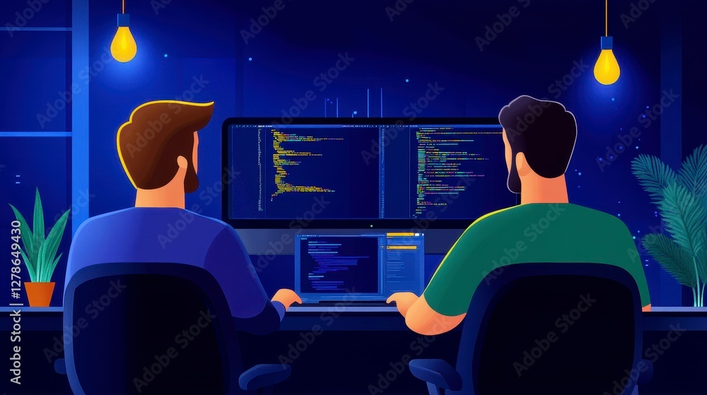 Poster two programmers collaborate on code late at night in a modern office