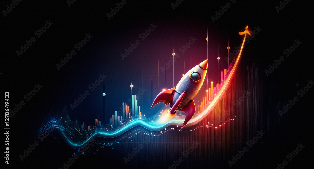 Poster rocket ship soaring upwards, symbolizing rapid growth and progress. a vibrant graph line ascends alo