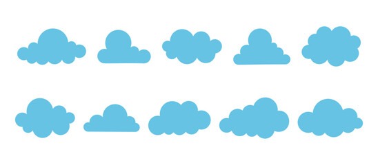 Set of blue clouds isolated on white background.