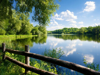 serene lake surrounded by lush greenery and vibrant flora, reflecting sky
