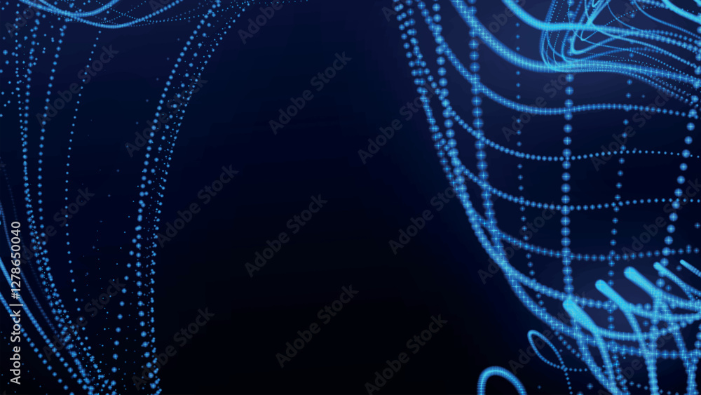 Poster dynamic wave of glowing particles. abstract dotted lines on dark background. chaotic colored lines. 