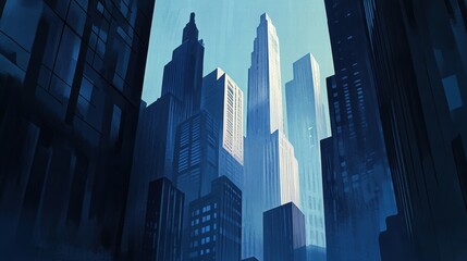 Obraz premium Modern Cityscape Tall Buildings Urban Skyline Blue Hour