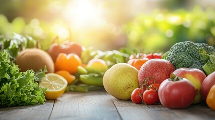 Close-up of vibrant fresh vegetables and fruits on wooden table, symbolizing healthy blood pressure foods, emphasizing natural nutrition and wellness.
