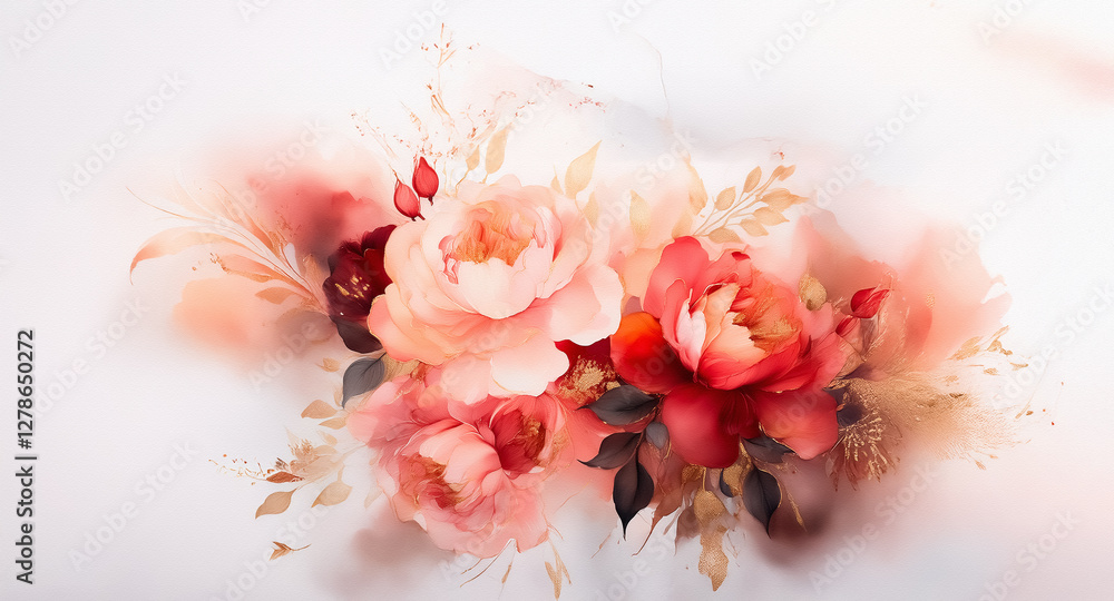 Poster delicate floral arrangement featuring pink and red blooms with soft, watercolor-like textures on a c