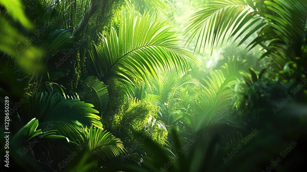 Poster a lush green jungle backdrop with soft-focus foliage, evoking an adventurous vibe with ample copy sp