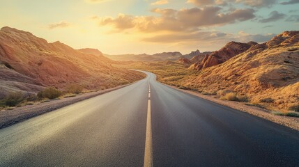 A long, empty highway stretching through a scenic desert landscape, surrounded by red rock formations and a golden sunset sky, travel adventure background with copy space.