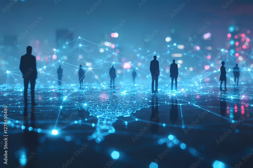 Poster connecting the future: silhouetted figures stand amidst a network of glowing data points, representi
