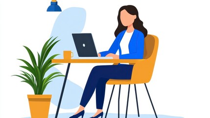 Woman Working on Laptop at Minimalist Desk Illustration