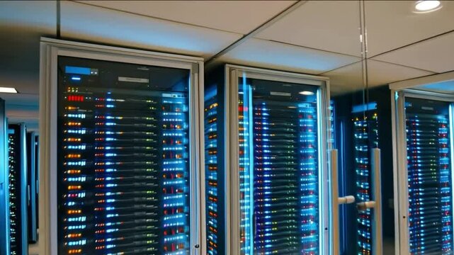 Digital information flows through the network and data servers behind glass panels in the server room of a data center or Internet service provider