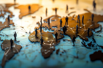 Global Network of People: Miniature figures representing diverse individuals are interconnected across a stylized world map, symbolizing globalization, communication, and international collaboration.