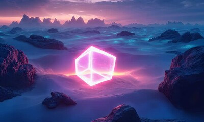Glowing cube in alien landscape, sunset, digital art, website banner - Powered by Adobe