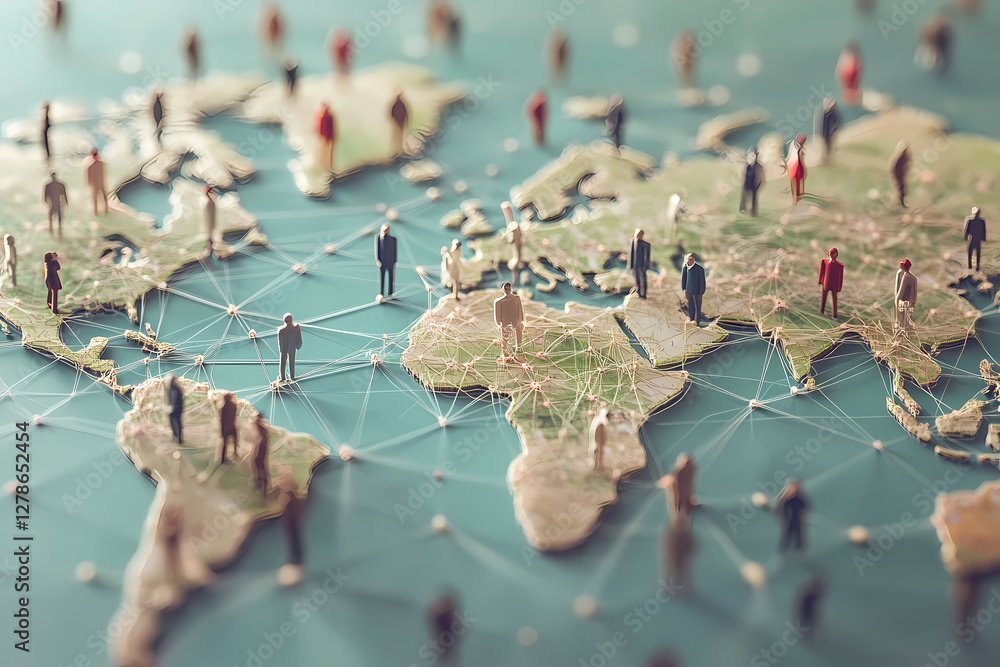 Aufkleber global community: miniature figures stand on a detailed world map connected by a network of lines, s