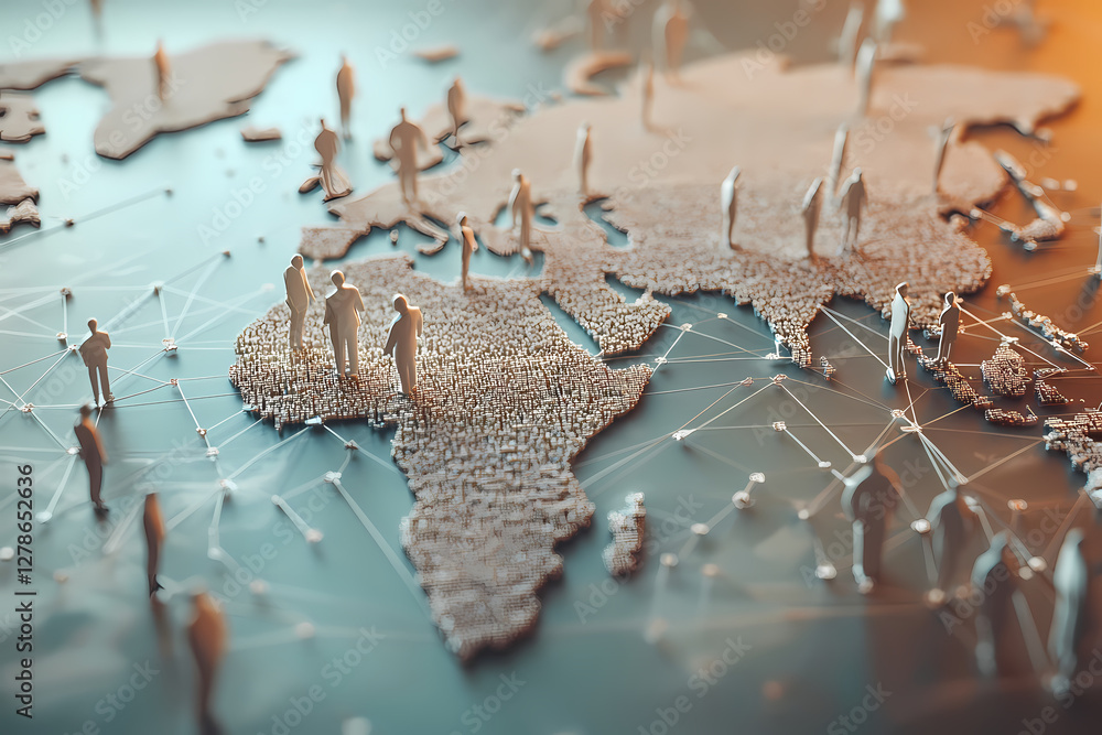 Aufkleber global connections: a detailed map of the world with miniature figures representing people, linked b