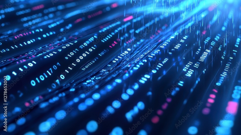 Fototapete Abstract Digital Data Stream Visualization with Glowing Blue and Pink Binary Code