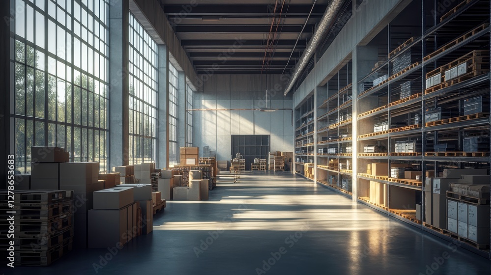 Poster a spacious warehouse filled with boxes and shelves, featuring large windows that let in natural ligh