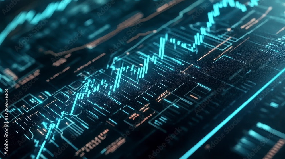 Poster abstract glowing teal and orange data streams graph on dark background
