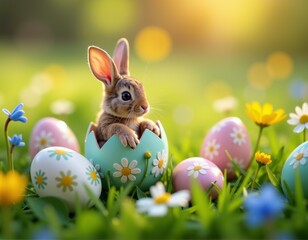 Fototapeta premium Rabbit sits in an Easter egg on green grass. Easter decor.