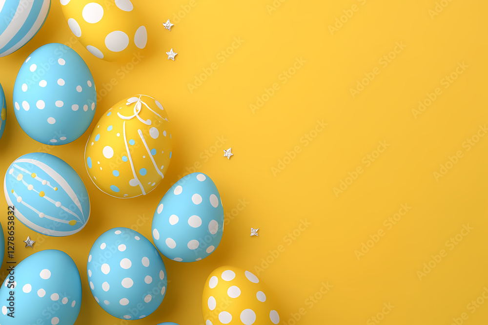 Poster easter egg festivity: overhead view of a vibrant array of patterned easter eggs in shades of blue an
